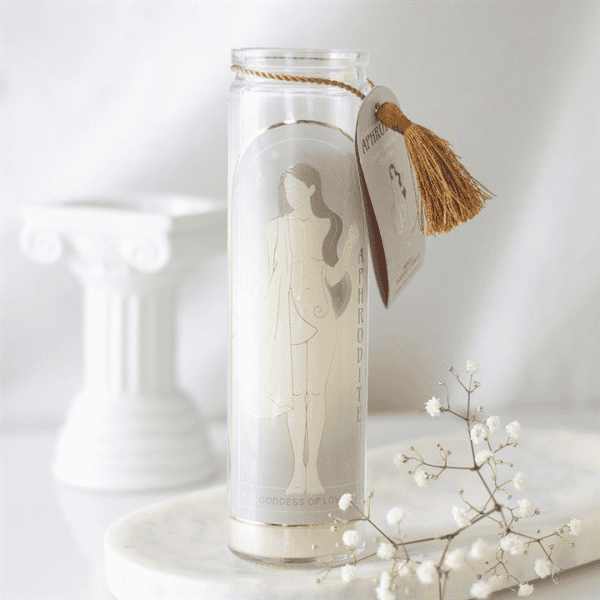 Aphrodite Goddess Tube Candle with Rose Quartz Crystals